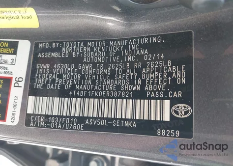 2014 Toyota Camry Le from USA, damaged, VIN 4T4BF1FK0ER387821